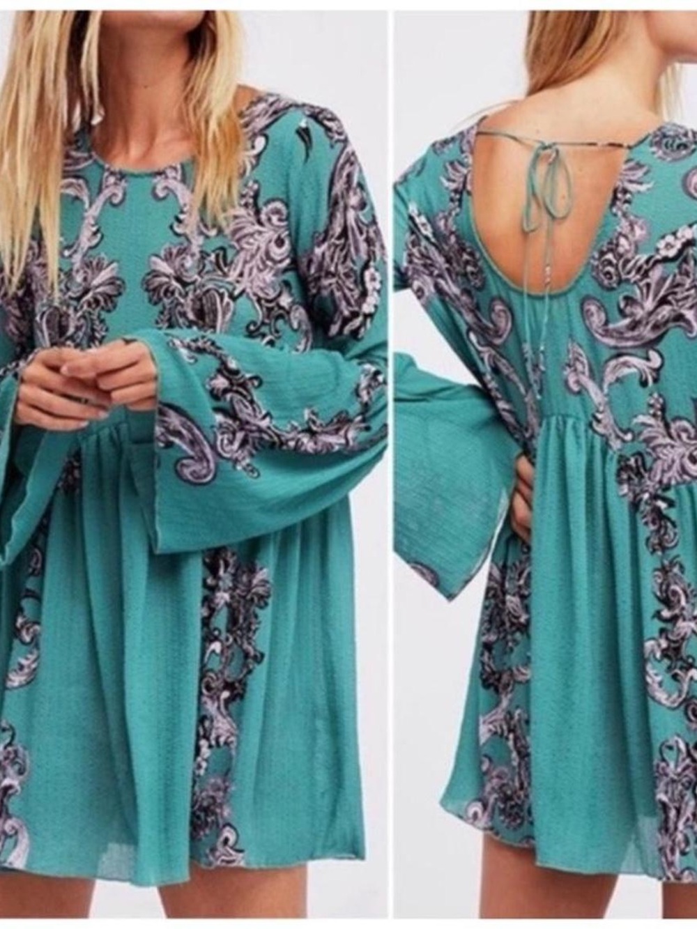 Free People Teal Paisley Bell Sleeve Dress (090809) ☀️ ☮️